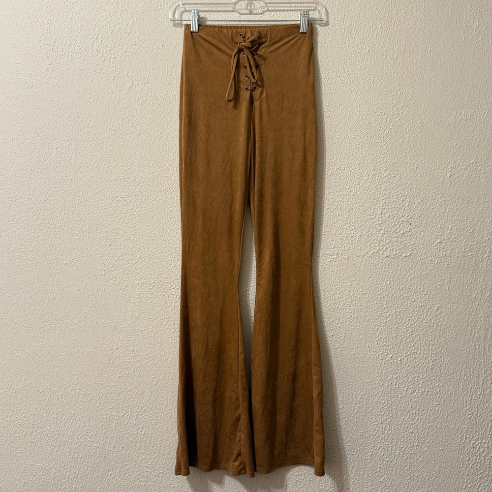 Windsor Camel Faux Suede High Rise Stretch Lace Up Detail Wide Leg Flare Pants